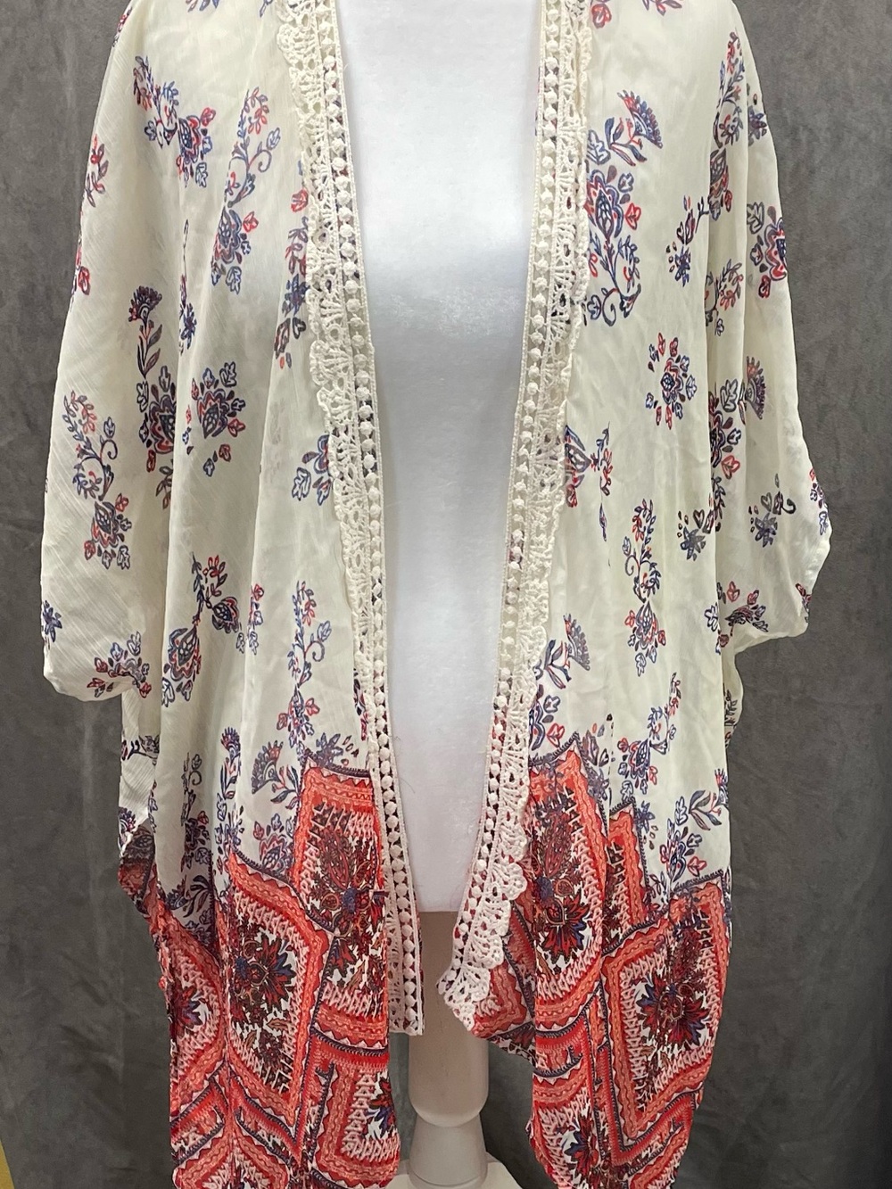 Rewind Ivory Floral Crochet-Trim Swim Coverup with Coral Border